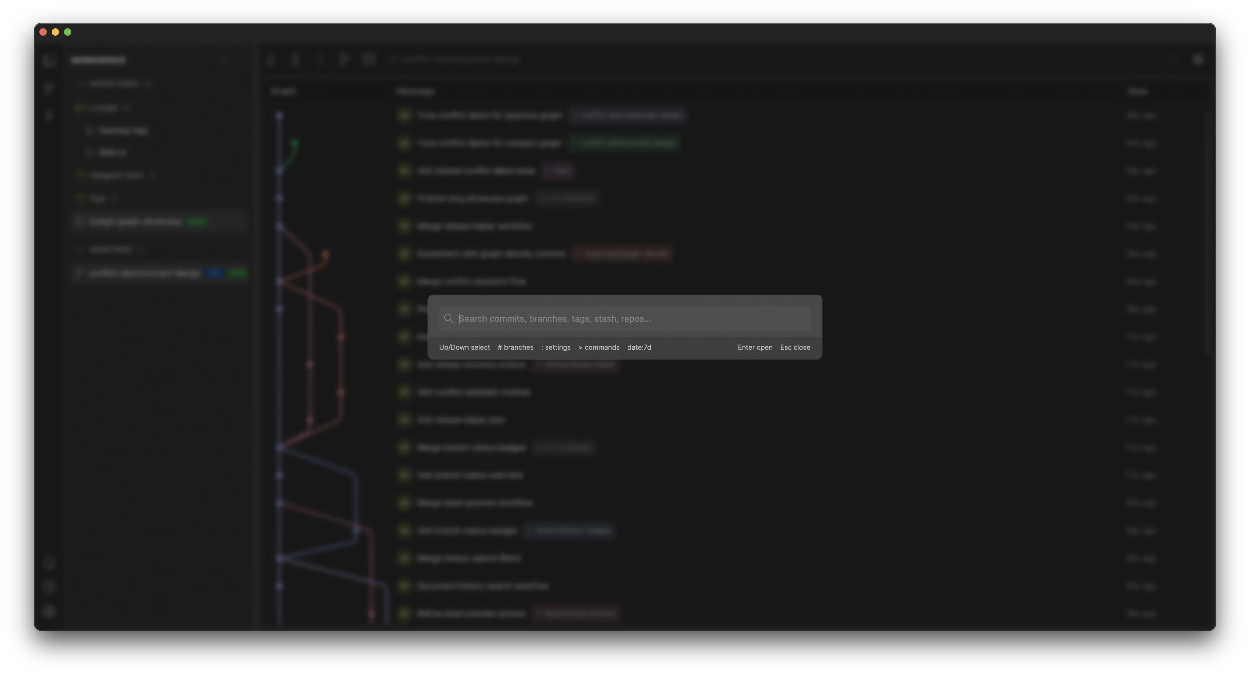 Lunegit global search overlay listing repository commands and matching results.