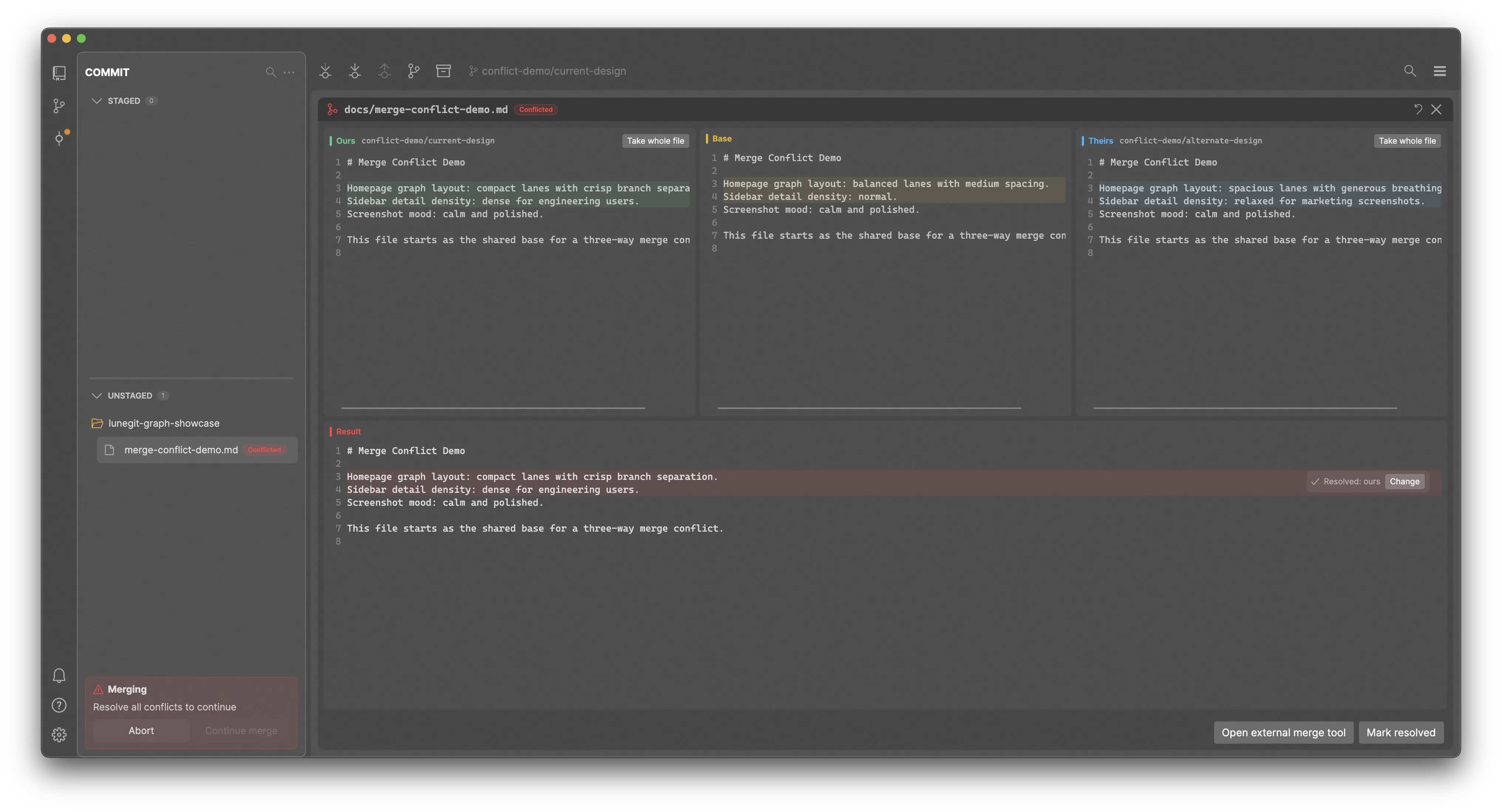 Lunegit merge conflict view showing conflicted files and repository history.