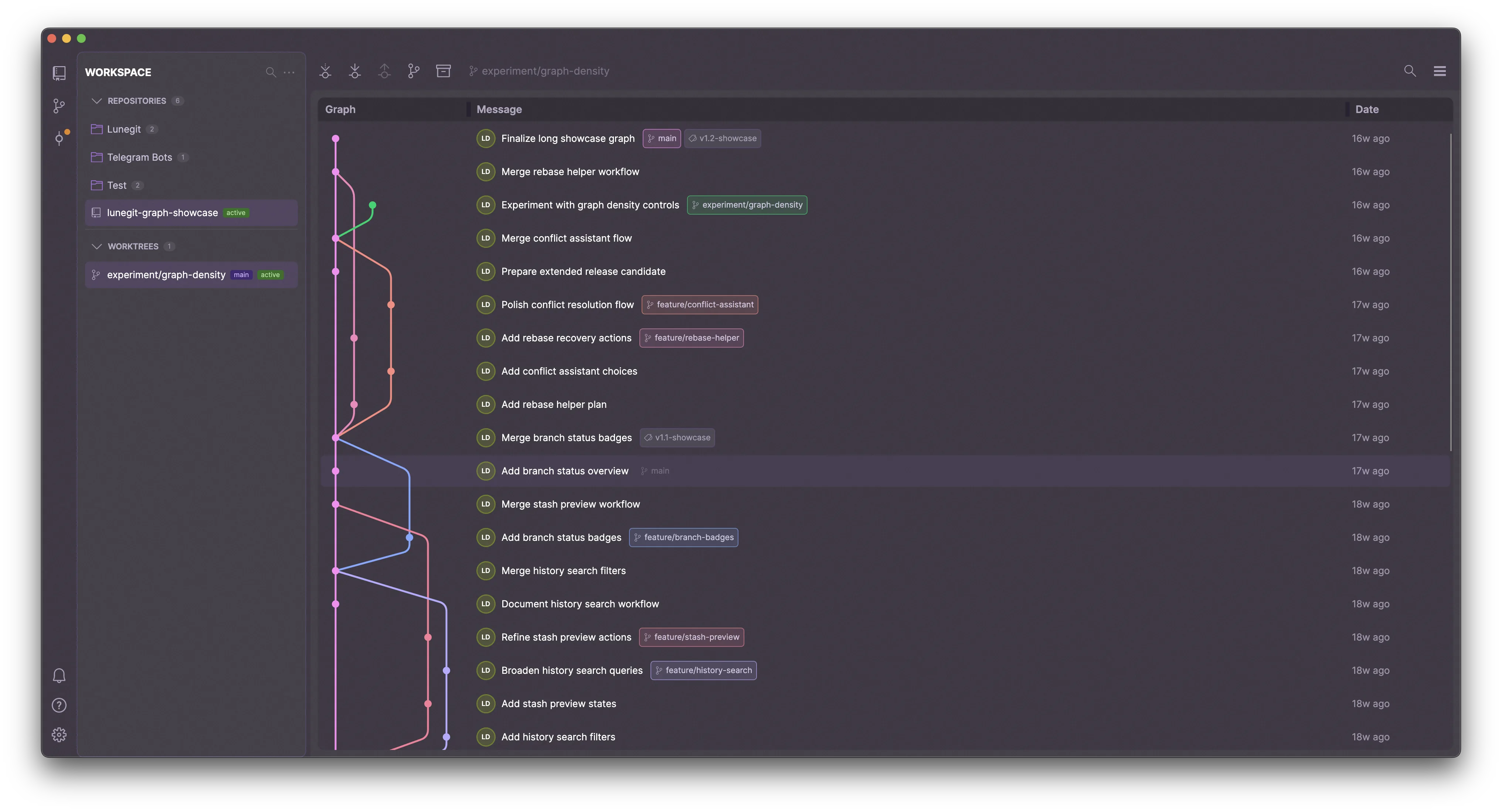 Lunegit theme selector displayed over the desktop app interface.